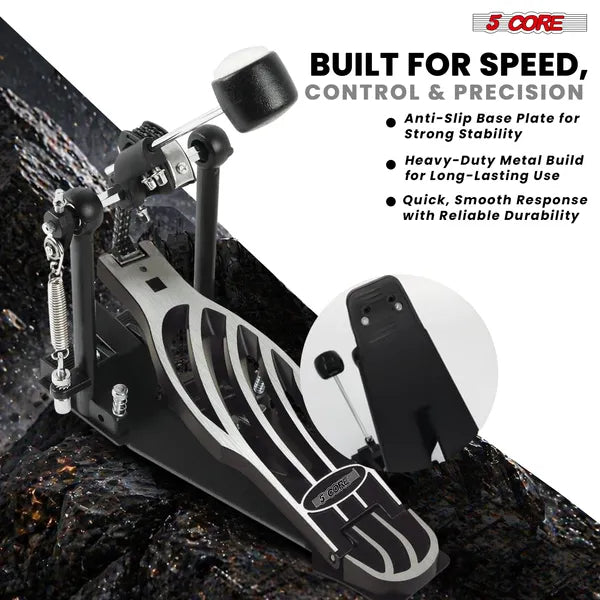 5 Core Bass Drum Pedal Mount Ajustable Felt Beater Head Single Chain HeavyDuty Kick Drum