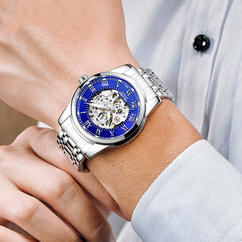 Homme imperméable Minimaliste automatique Stylish Hollow Montre mécanique lumineuse