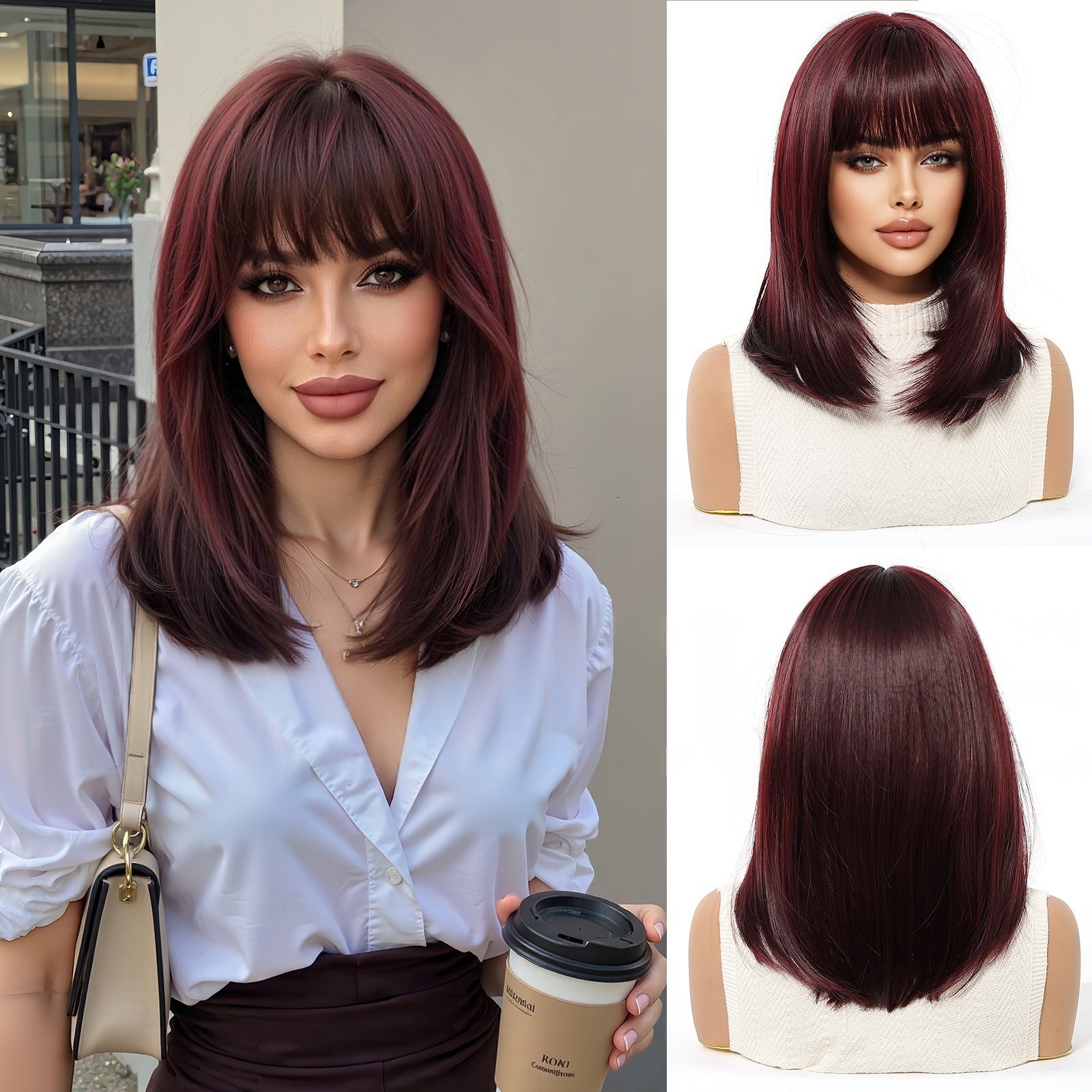 Perruque synthétique haute température pour femmes avec capuchon de cheveux Bangs