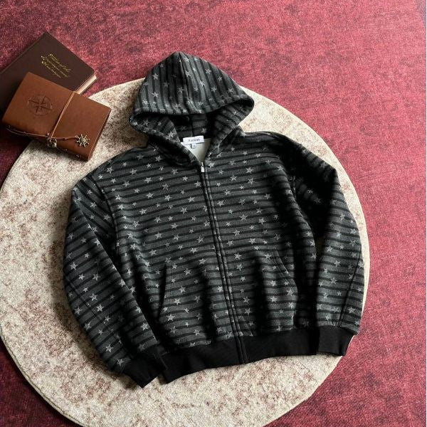 Style américain Vintage Étoile-imprimé rayé Cardigan Hoodie Hommes Veste