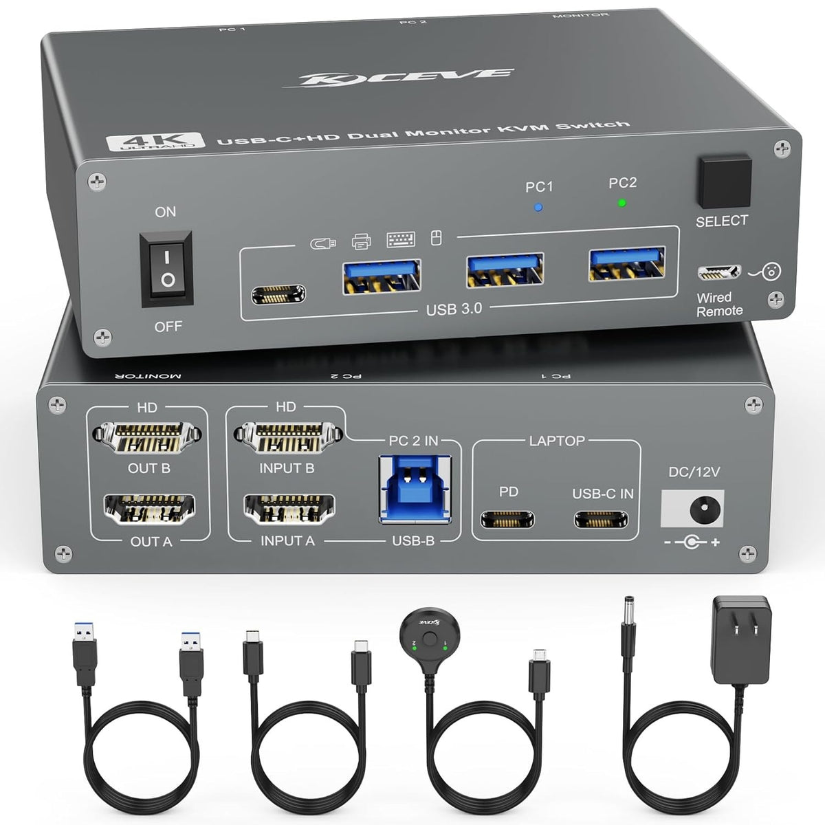 2-Monitor 2-Computer USB Dual-Monitor USB 3.0 USB Type-C KVM Switch