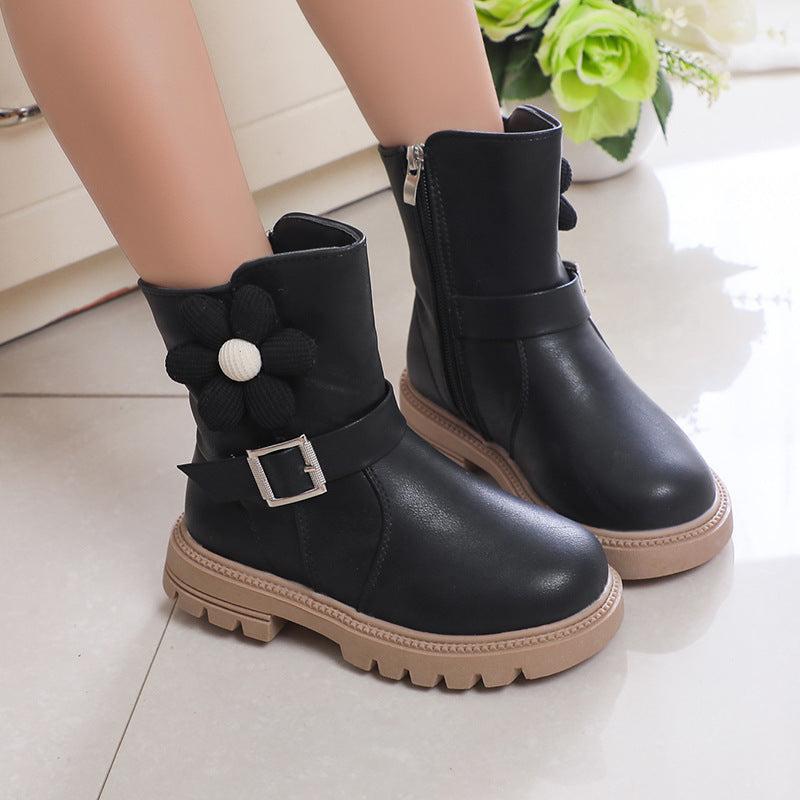 British Style Soft Bottom Western Style Fleurs Bottes en cuir de filles