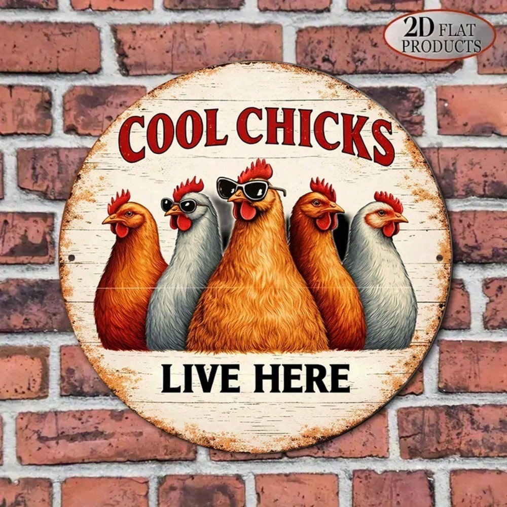 8x8in Retro Cool Chicken Round Sign Funny Farmhouse Bar Decor