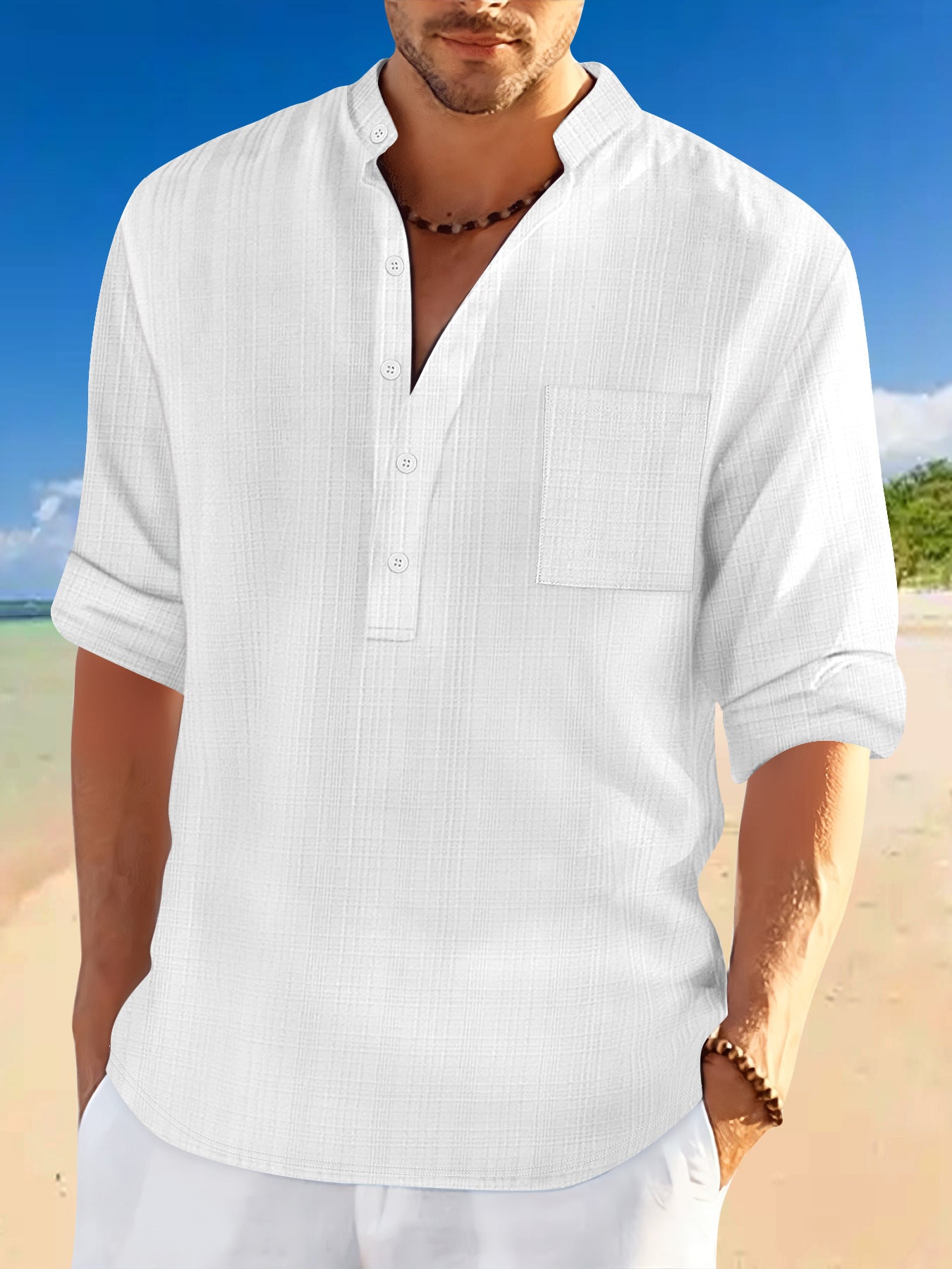 Homme Arrivée Stand-Collar Bamboo-Blend Loose-Fit chemise à manches longues
