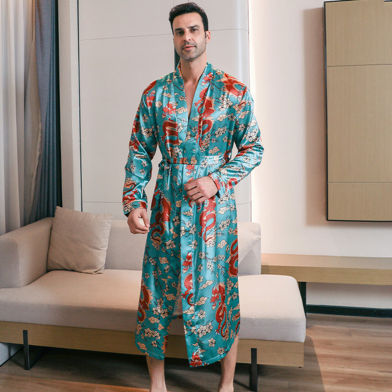 Été Ice-silk Long-style Wearable Ice-silk Youth Long-sleeve Loungewear Hommes Nightgown T
