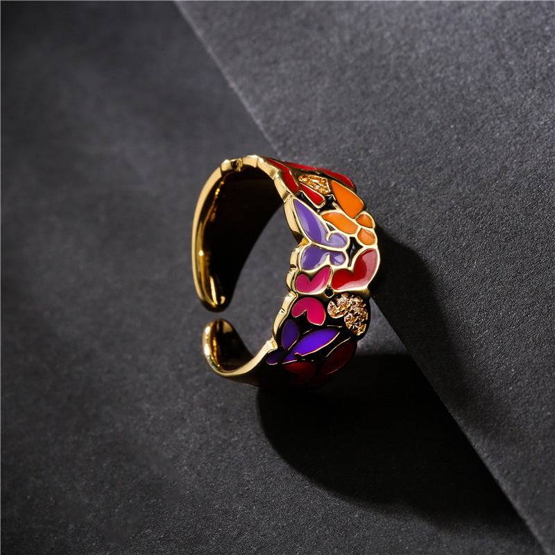 Personnalité mode Dripping Cuivre Micro-inlaid Zircon Butterfly Ring Femme