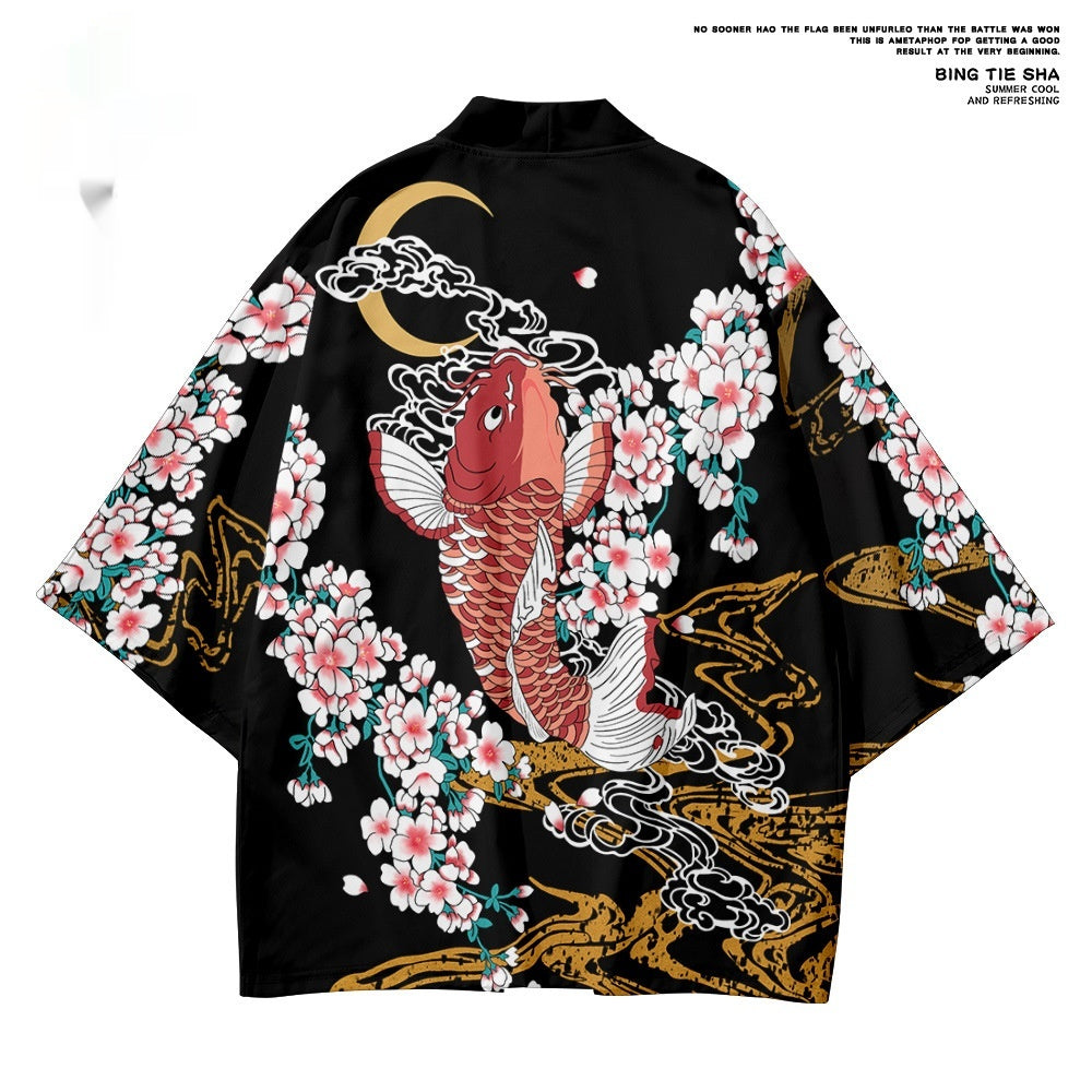 Koi Numérique Impression Japonaise Harajuku Kimono Robe Cloak Cropped Pantalons Set