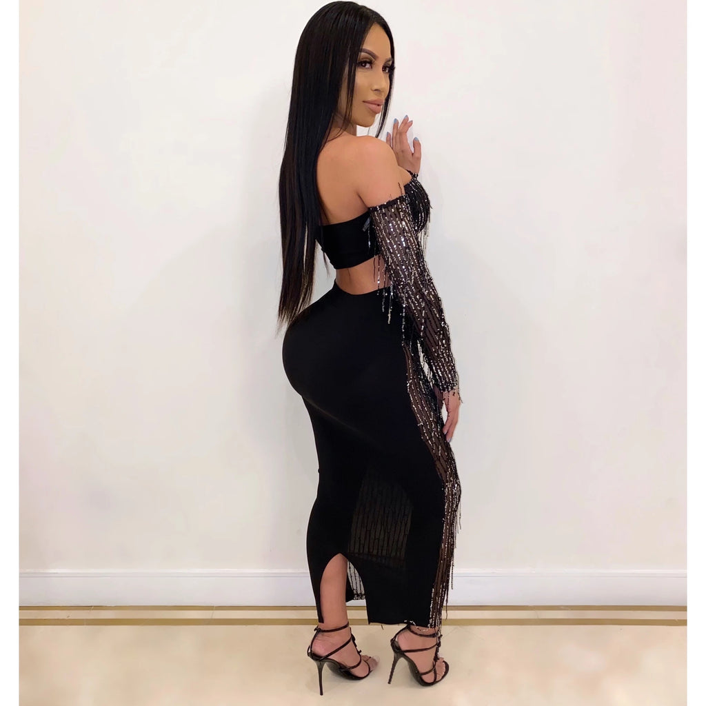Mode Sexy See-through Mesh Sequins Tassel Ensemble deux pièces