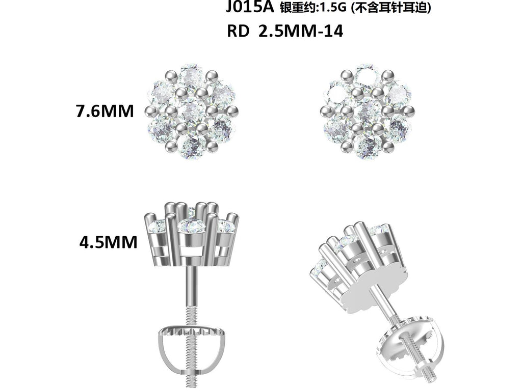 S925 Argent Sterling 14pcs D Couleur VVS1 Boucles d'oreilles en grappe de Moissanite 1,5g Vis H