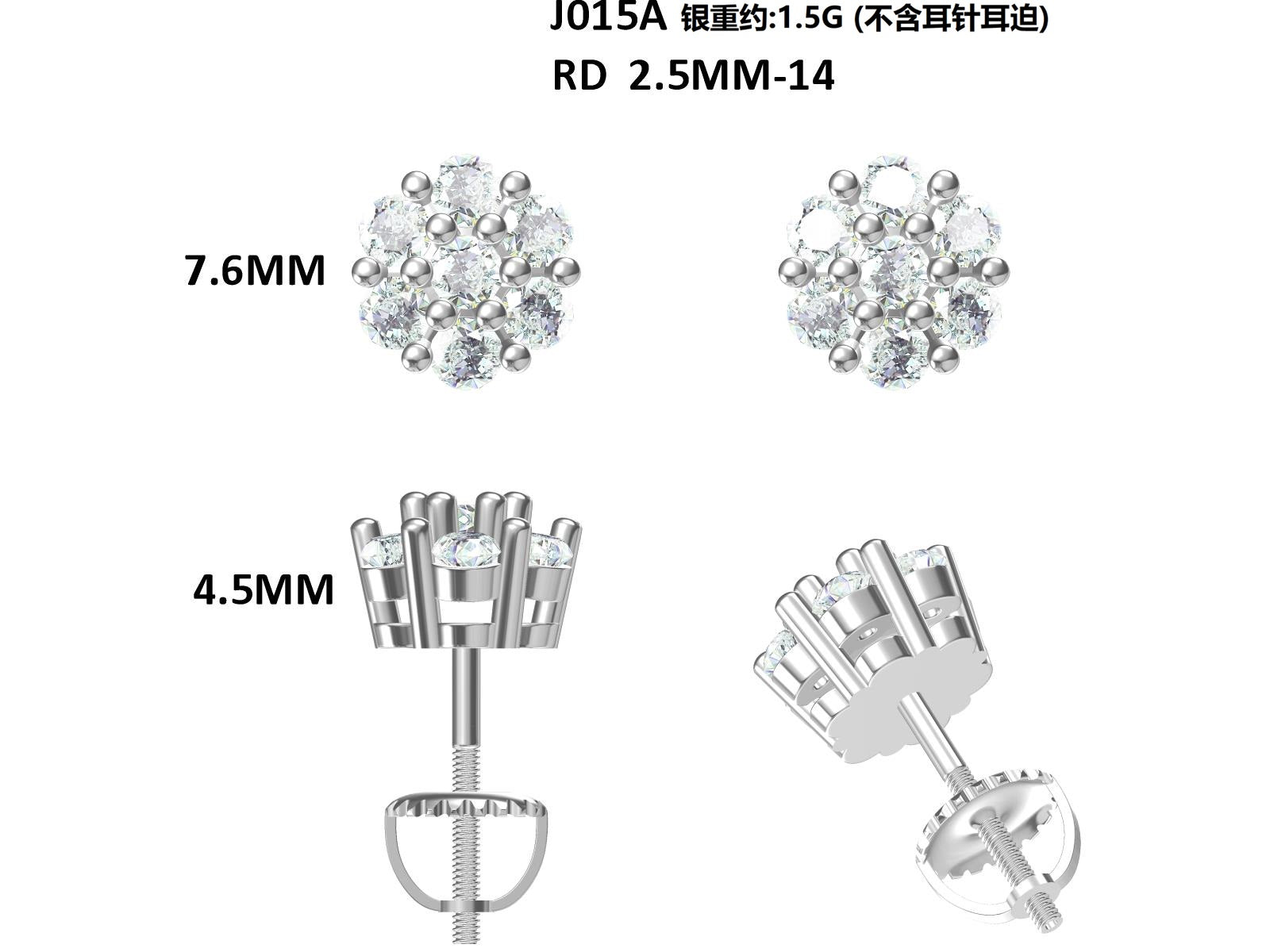 S925 Argent Sterling 14pcs D Couleur VVS1 Boucles d'oreilles en grappe de Moissanite 1,5g Vis H