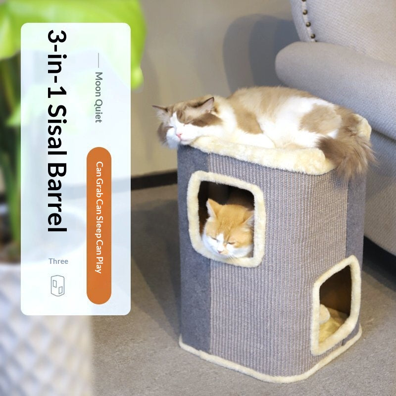 Lit de cadre d'escalade et arbre de chat dans une maison multi-niveaux