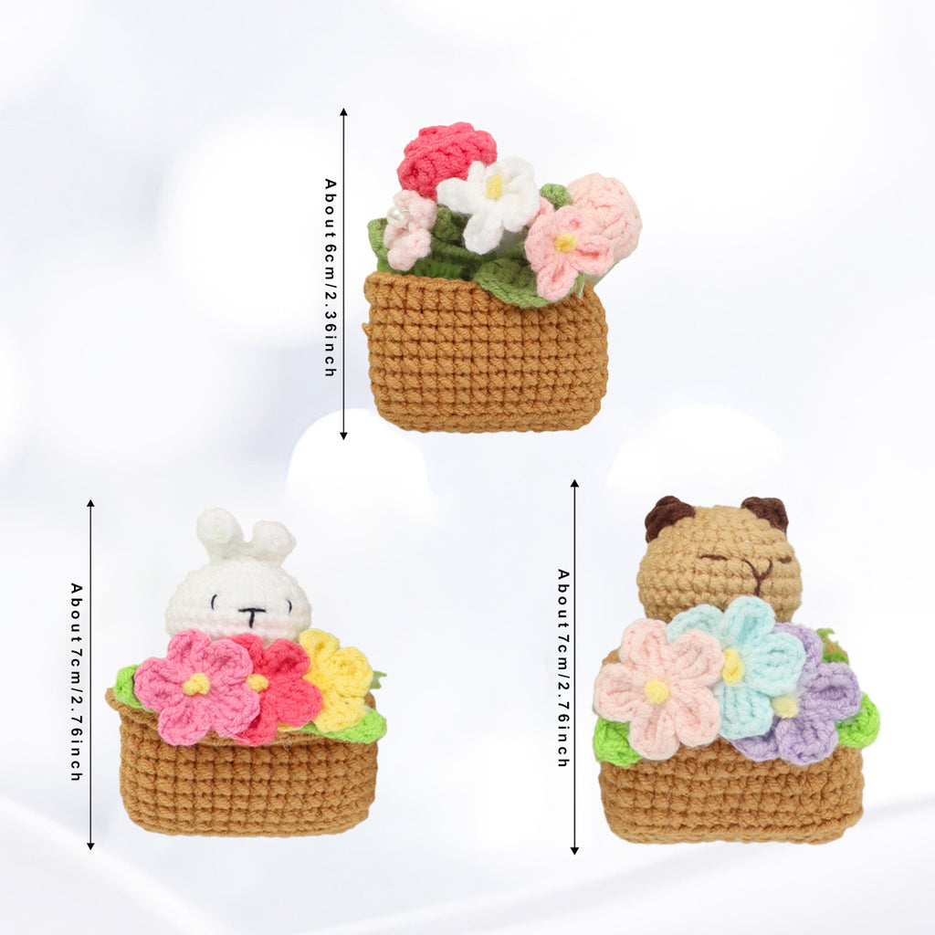 Crochet fait main carré pot de fleur Mignon de poupée trois pièces ensemble avec Bunny Little Ani
