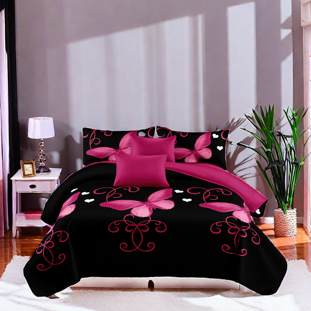 9-Piece violet et papillon noir couvre-lit et rideau
