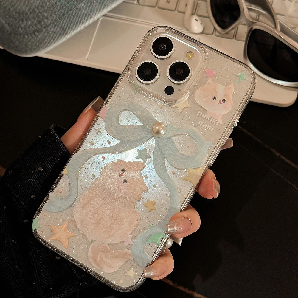 Glitter Phone Case with Bow and Cat Charm Lanyard