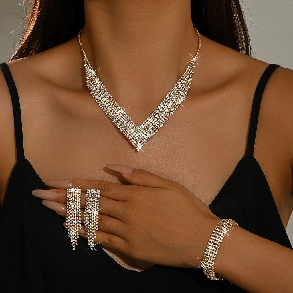 Femmes 3 Pcs Gold Tone V Forme Tassel Strass Set de bijoux