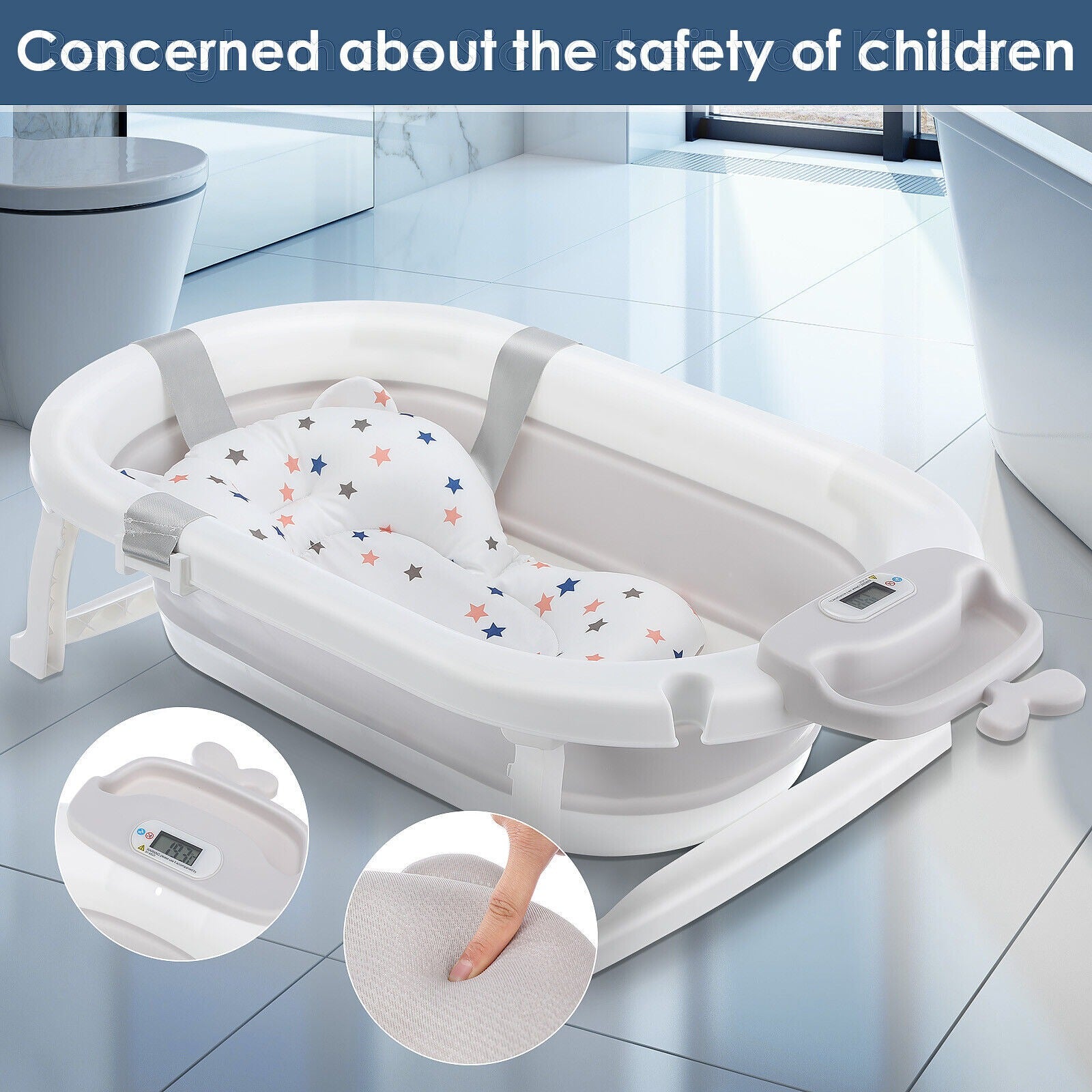 Baignoire pliable pour bébé Ergonomie avec tampon de bain de température et de coussin et filet de bain