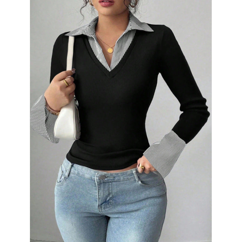 Lapel mode haut casual et chic tricoté avec manches longues