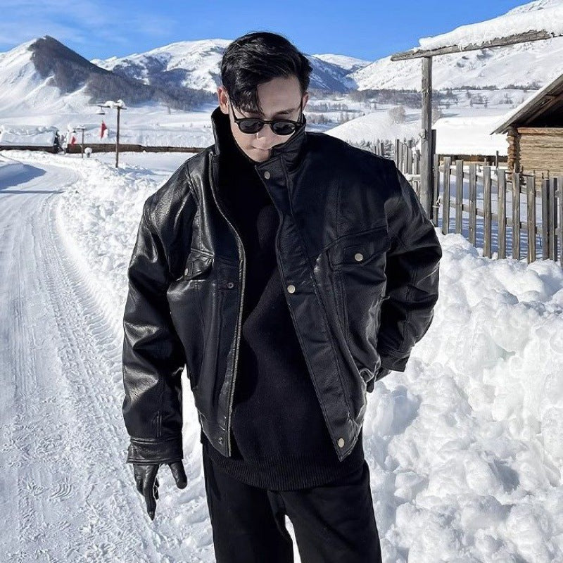 Veste en cuir Manteau d'automne et d'hiver Manteau homme Trendy Handsome polaire Épaisseur pilote Mo