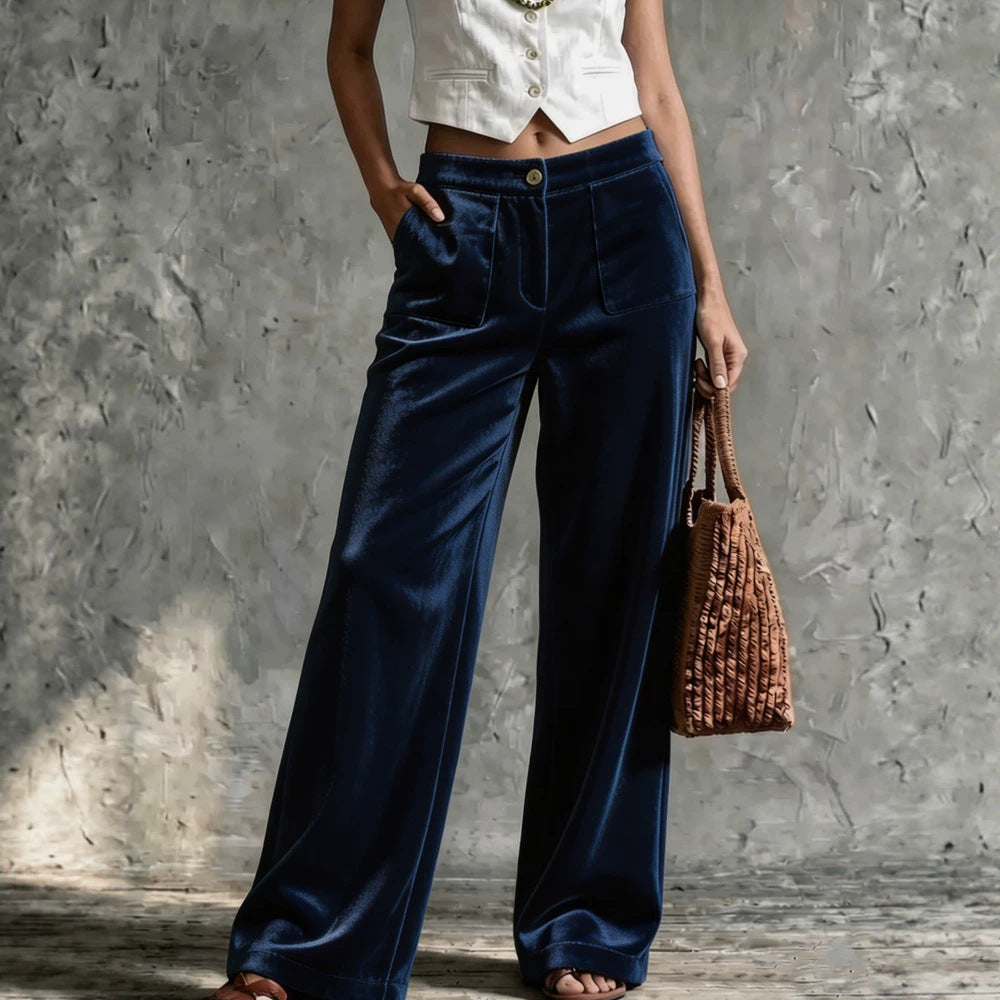 Pantalon casual avec poches pour femmes Velvet lisse de couleur unie