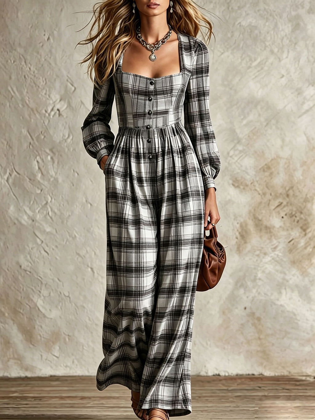 Femmes Plaid Col carré Coin de taille Boutonné Grande jambe combinaison de saut