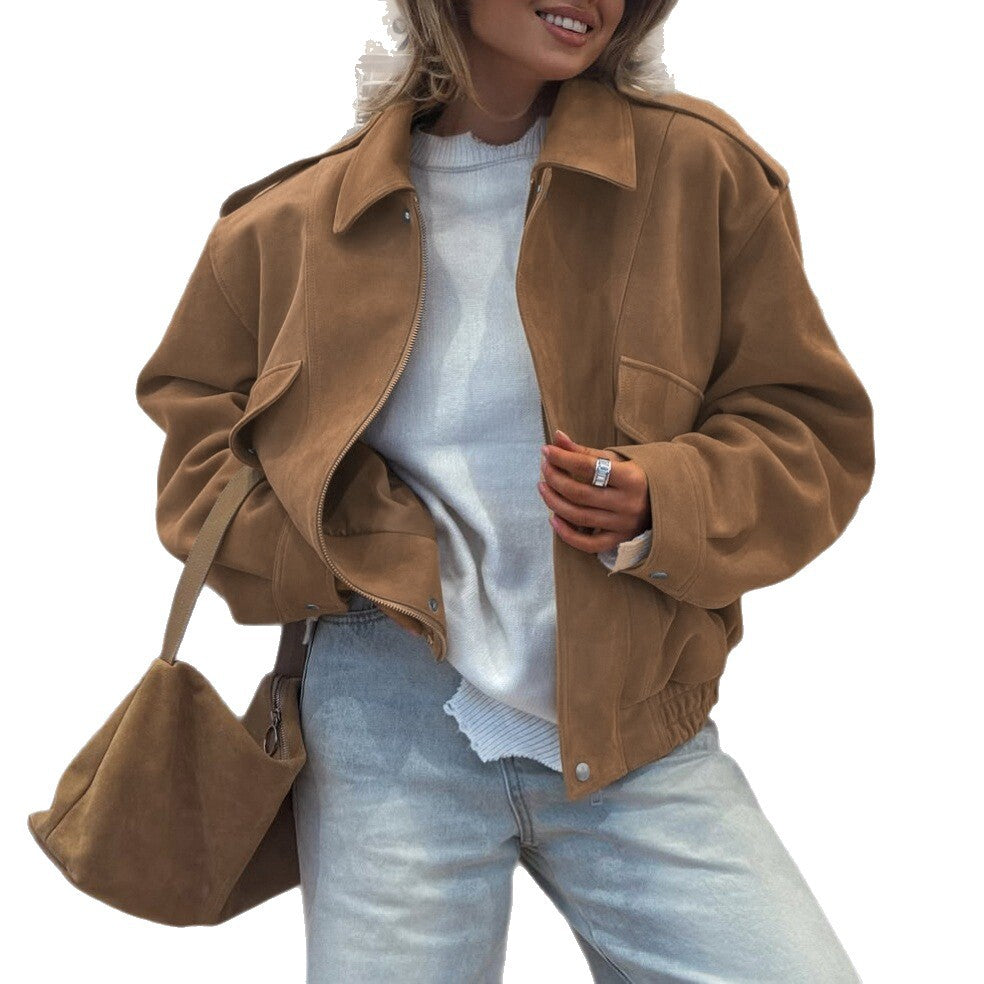 Automne Hiver Femmes Mode Loose-fitting Suede-velvet Coat Top