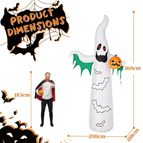 Decor gonflable Halloween 12ft avec des chauves-souris clignotantes et des fantômes blancs