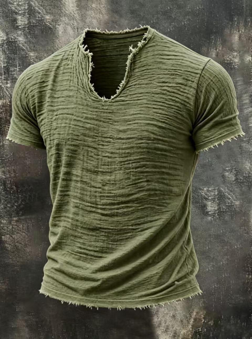 T-Shirt rétro doublé de coton avec l'ourlet en plumes et un manches courtes distinctive V-Neck