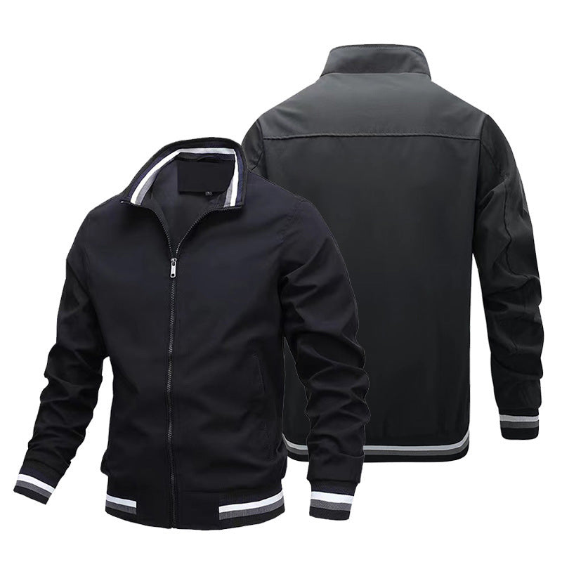Hommes Striped Rib Stand Collar Bomber Jacket Solid Black Zip Up Lightweight Windbreaker Stri