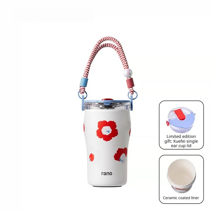Tasse de café thermique en acier inoxydable et en céramique avec une paille intégrée