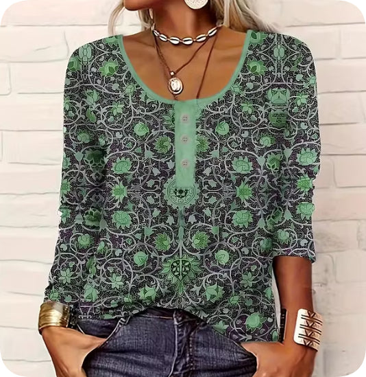 Col rond Floral imprimé Henley manches longues Top
