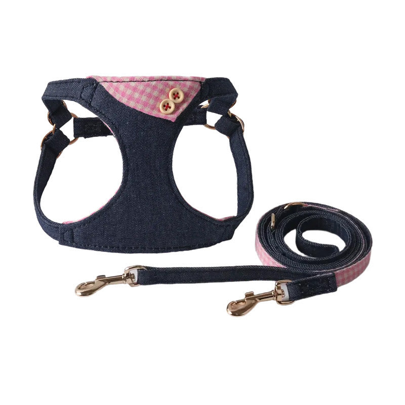 Patchwork de denim bleu foncé Plaid Pet Harness Set