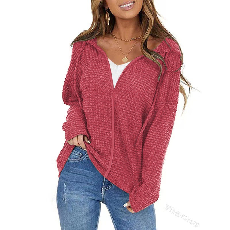Femmes Waffle Knit Zip Up Hoodie Long Sleeve Drawstring Loose Casual Sweatshirt à capuche Jack
