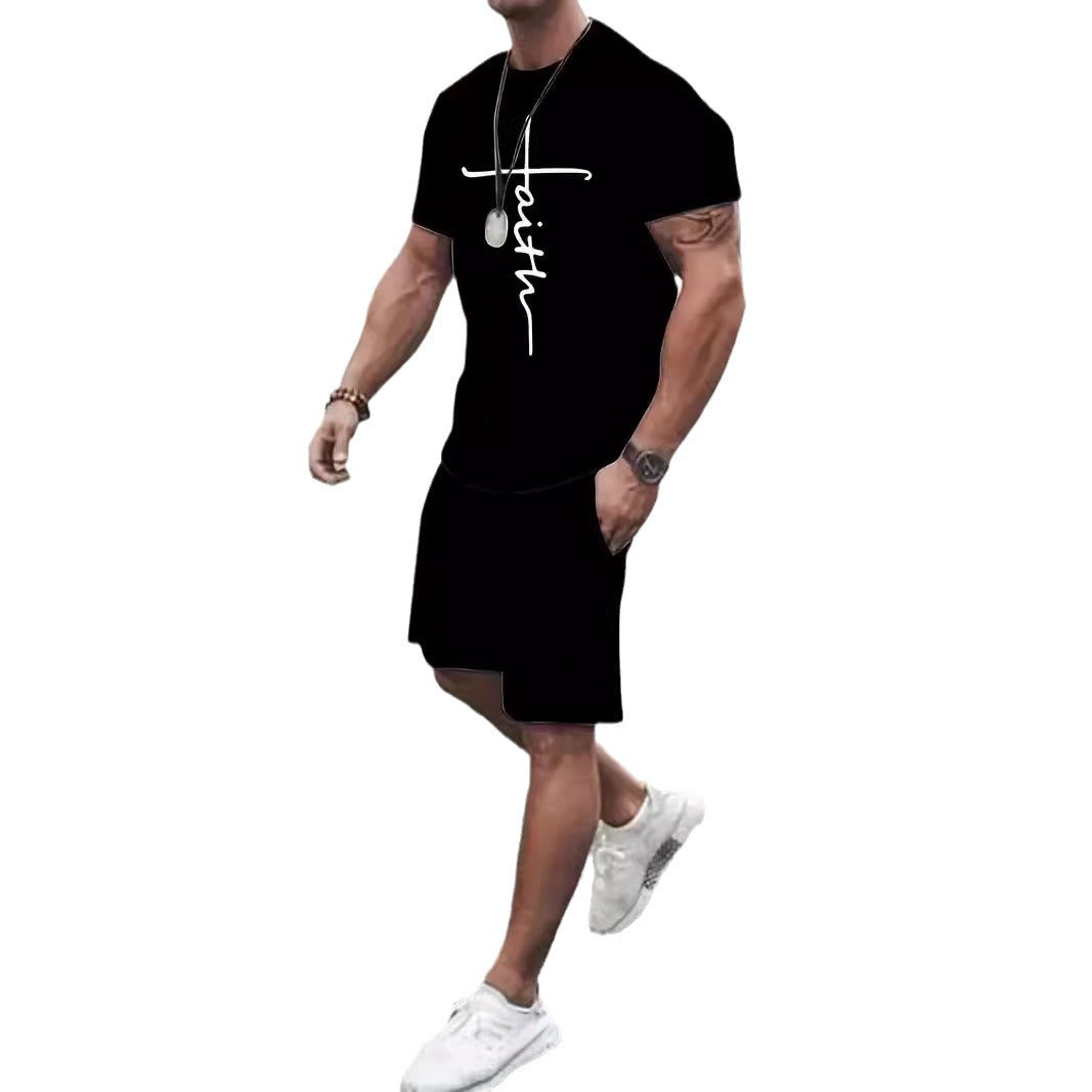 Pantalon sport occasionnel Col rond Manche courte 3d Design d'impression numérique Ensemble deux pièces