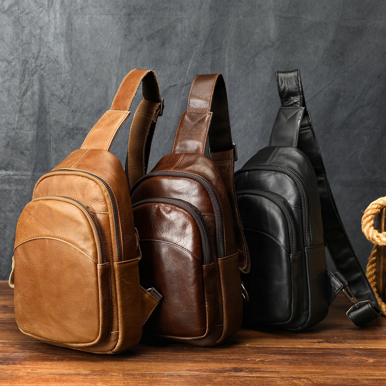 Homme Épaule plein-grain Casual Minimalist sac poitrine Grande capacité Cuir véritable