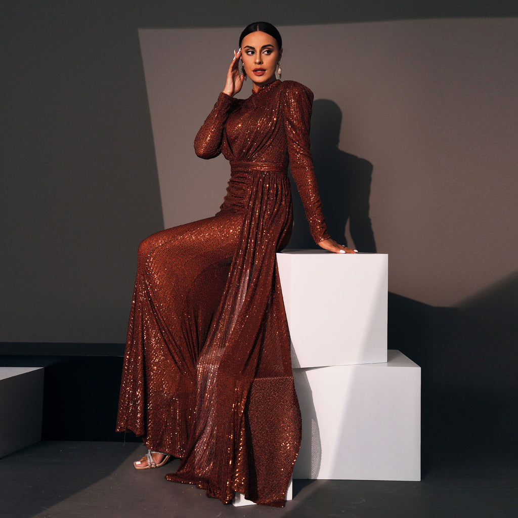 Manches longues Col rond Sexy Slim Robe de banquet longue pailletée
