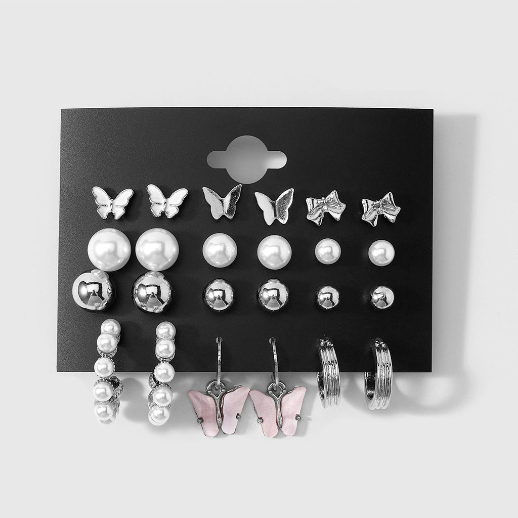 Rétro 12-Pair Butterfly Boucle d'oreille du coeur Hollow