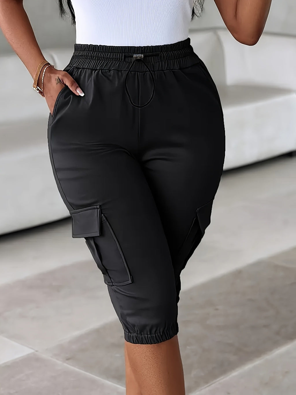 Style élastique taille Slim-Fitting Casual élastique tour de taille avec plusieurs poches