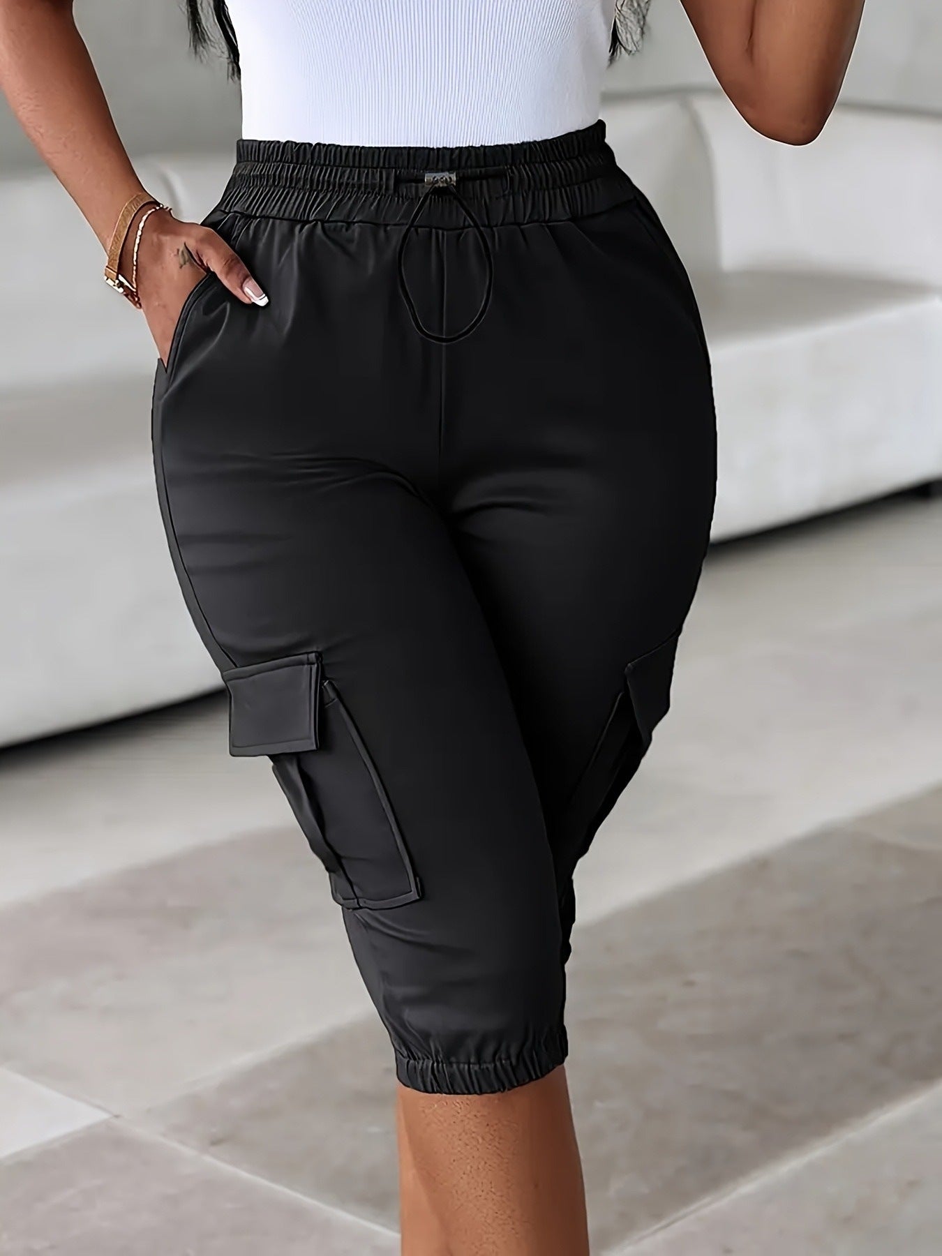 Style élastique taille Slim-Fitting Casual élastique tour de taille avec plusieurs poches
