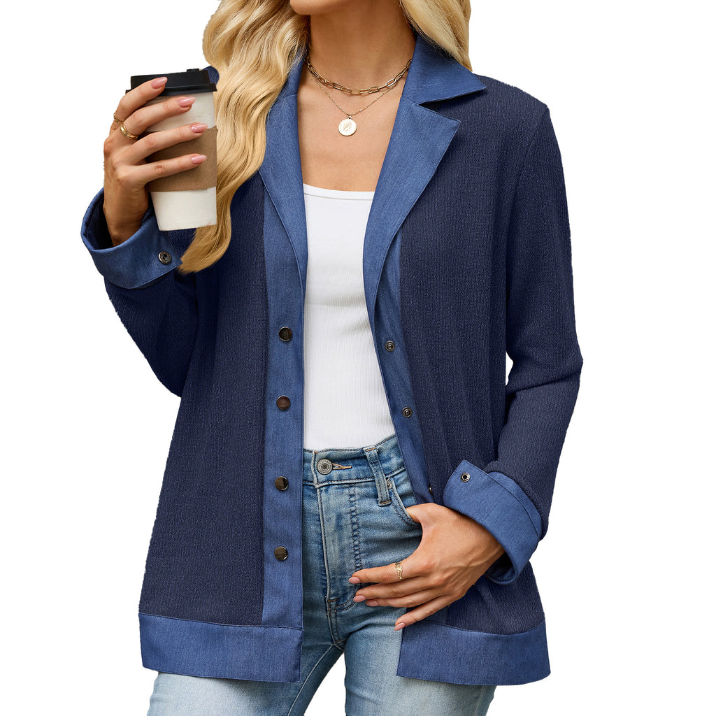 Denim Contraste couleur Lapel-bouton Loose-fit manches longues Hoodie
