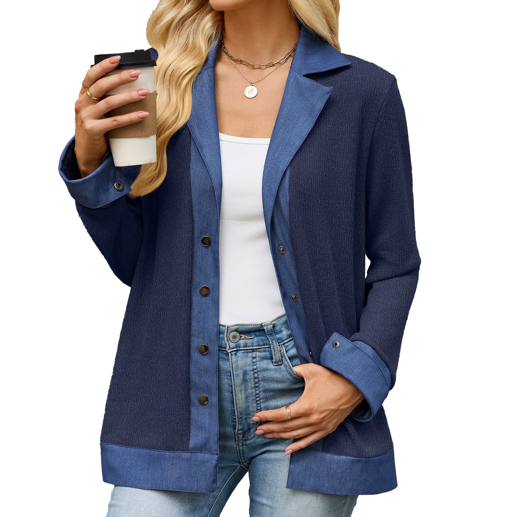 Denim Contraste couleur Lapel-bouton Loose-fit manches longues Hoodie
