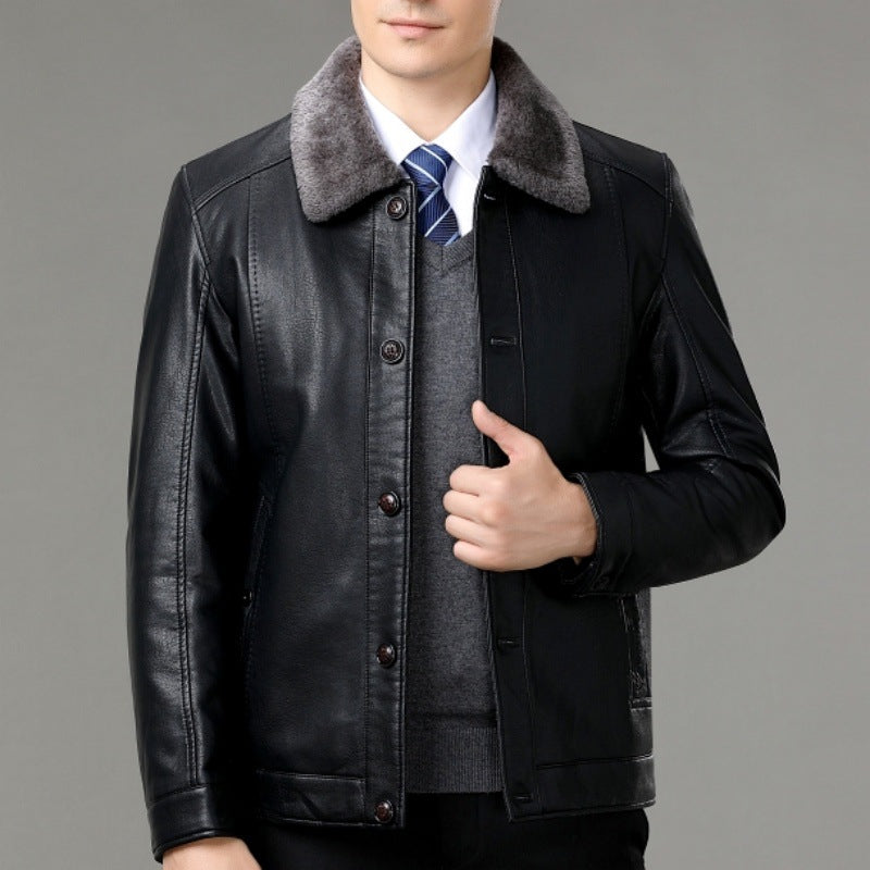 Véritable manteau en cuir et fourrure d'une seule pièce avec un lapel doublé de polaire pour plus de chaleur