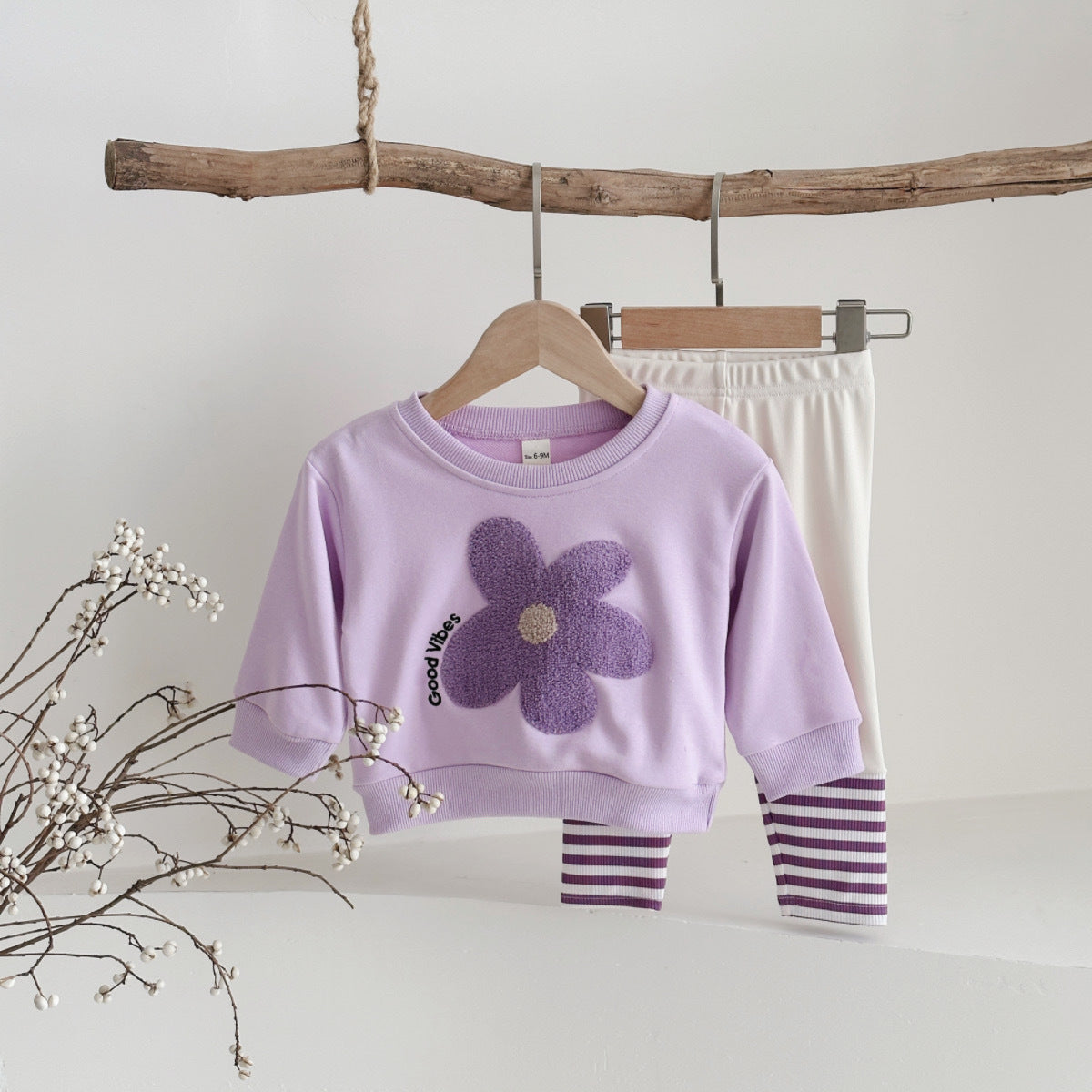 Baby Floral Hoodie et Pantalons rayés Ensemble deux pièces