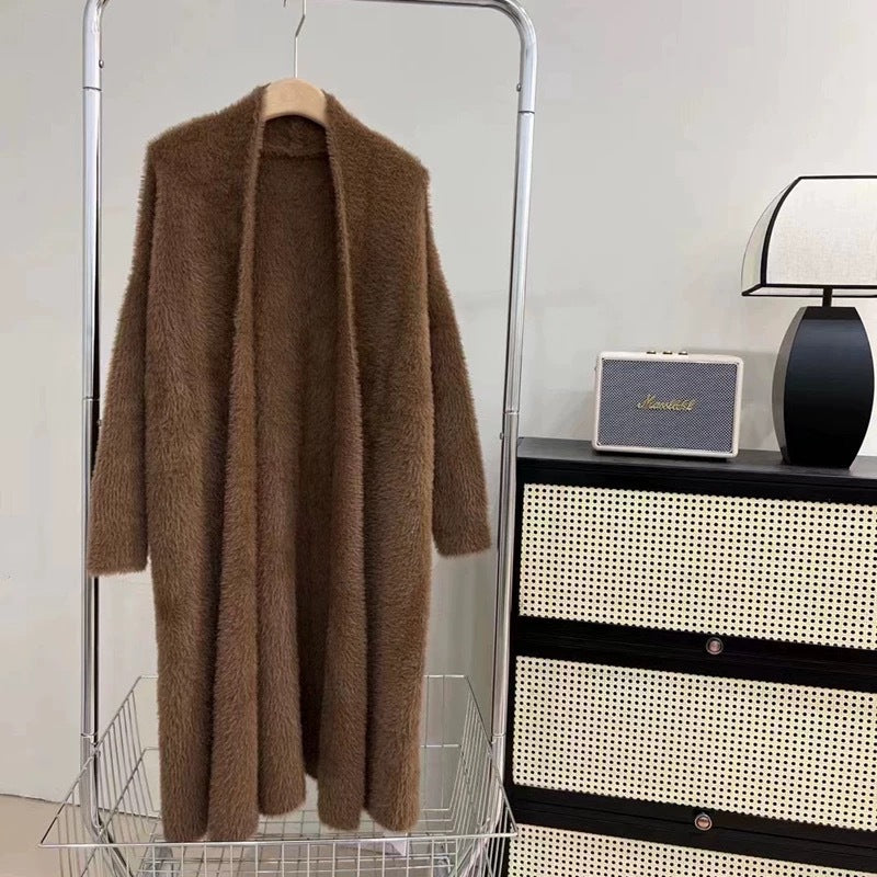 Épaisseur Mink-faux fourrure sur la cheville Long tricot Cardigan manteau