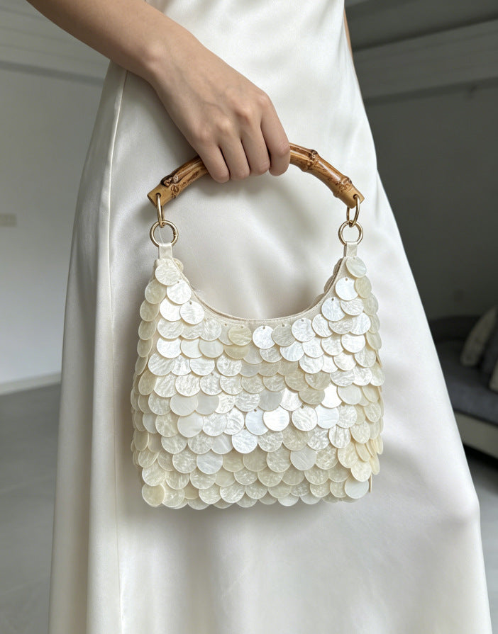 Sac à main à paillettes métalliques en bambou pour femmes