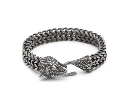 Bracelet Homme Acier inoxydable Vintage Noir Wolf Tête Cuban Chaîne Bracelet à la main Homme Fashi
