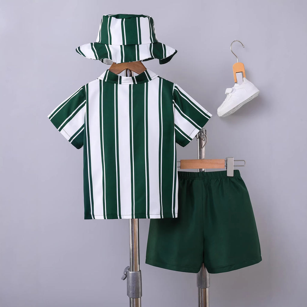 Chemise et shorts à manches courtes à rayures vertes et blanches pour garçons