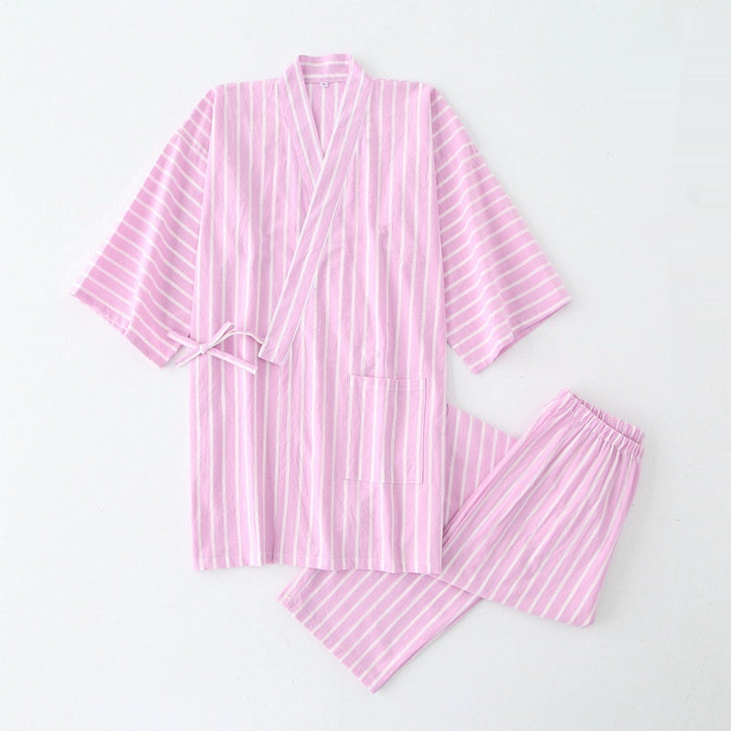 Coton Lavé Pyjama costume mince rayé hommes et femmes japonais couple Kimono pantalons