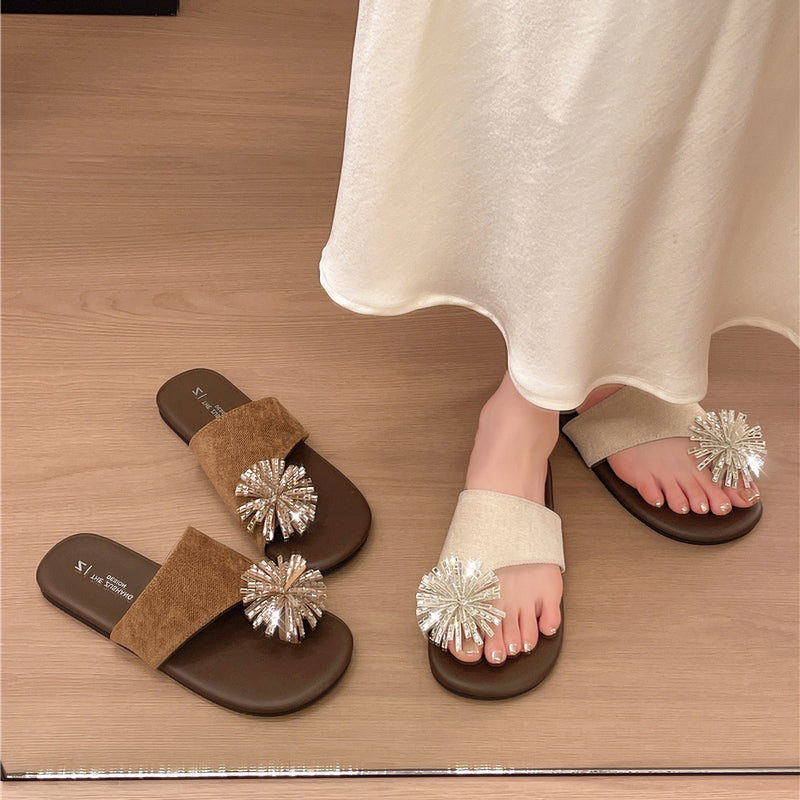 Femmes Minimalist Bling Firework Strass Sandales plates à diapositives correspondant Casual Daily