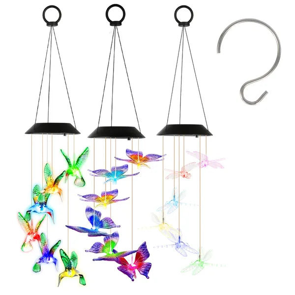 3Pack Solar Hummingbird papillon vent mouche dragon Chimes 7 couleur changer vent Chime pour Ou