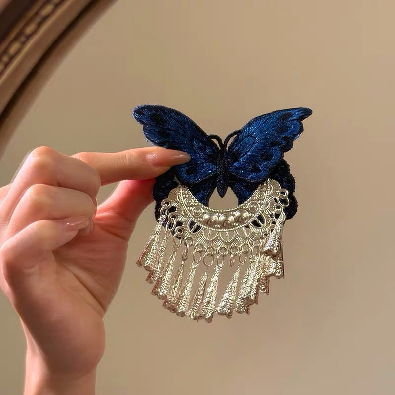 Vintage bleu papillon-brodé argent-bell coupe cheveux